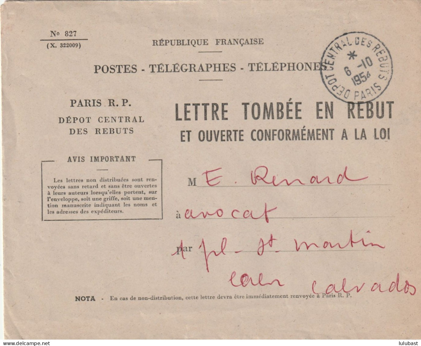 PARIS  DEPOT CENTRAL Des REBUTS. T. à D. / Enveloppe Pour Caen. (superbe) - Manual Postmarks