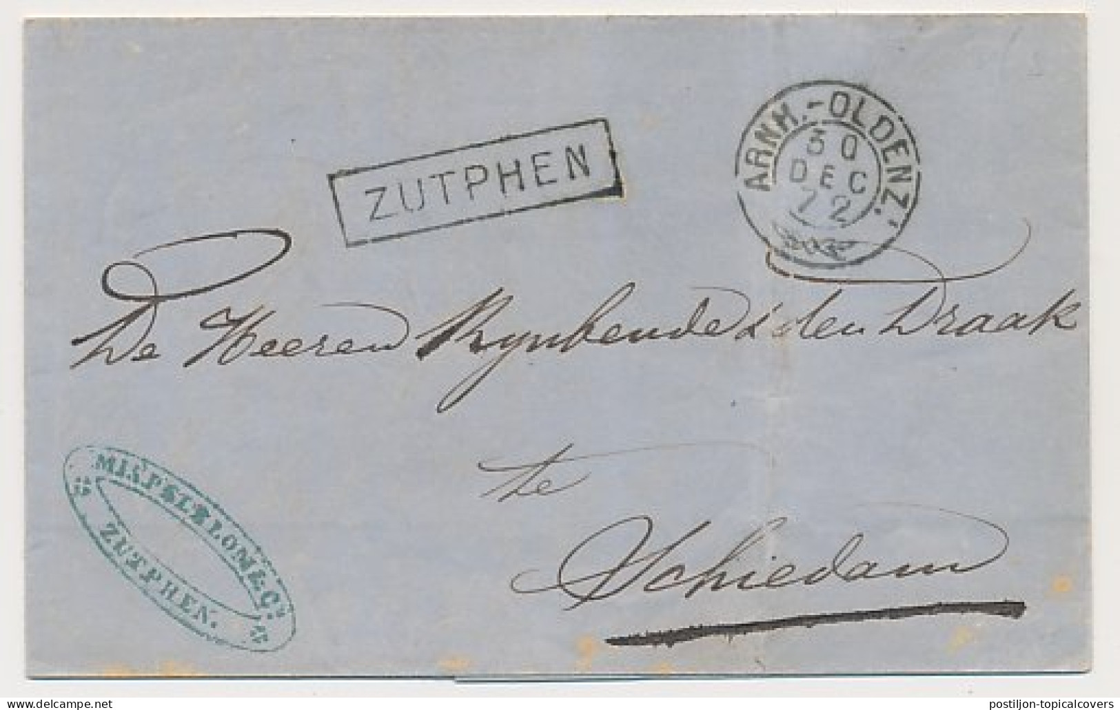 Trein Haltestempel Zutphen 1872 - Lettres & Documents