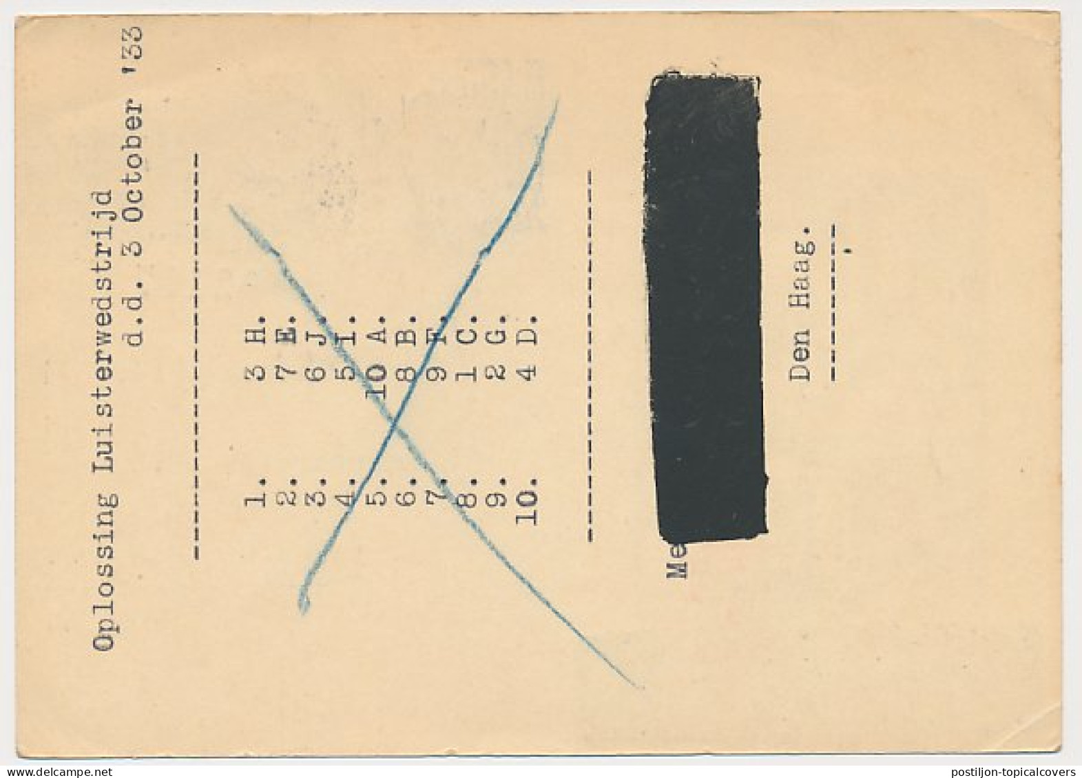 Briefkaart G. 233 / Bijfr. T.b.v. Radioprijsvraag - Den Haag  - Entiers Postaux