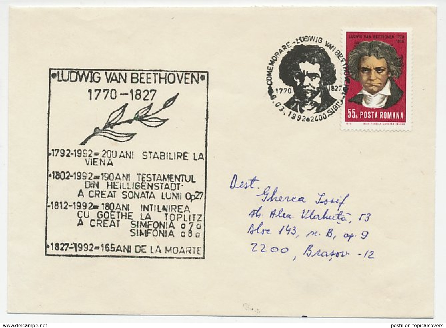 Cover / Postmark Rumania 1992 Ludwig Van Beethoven - Composer - Music