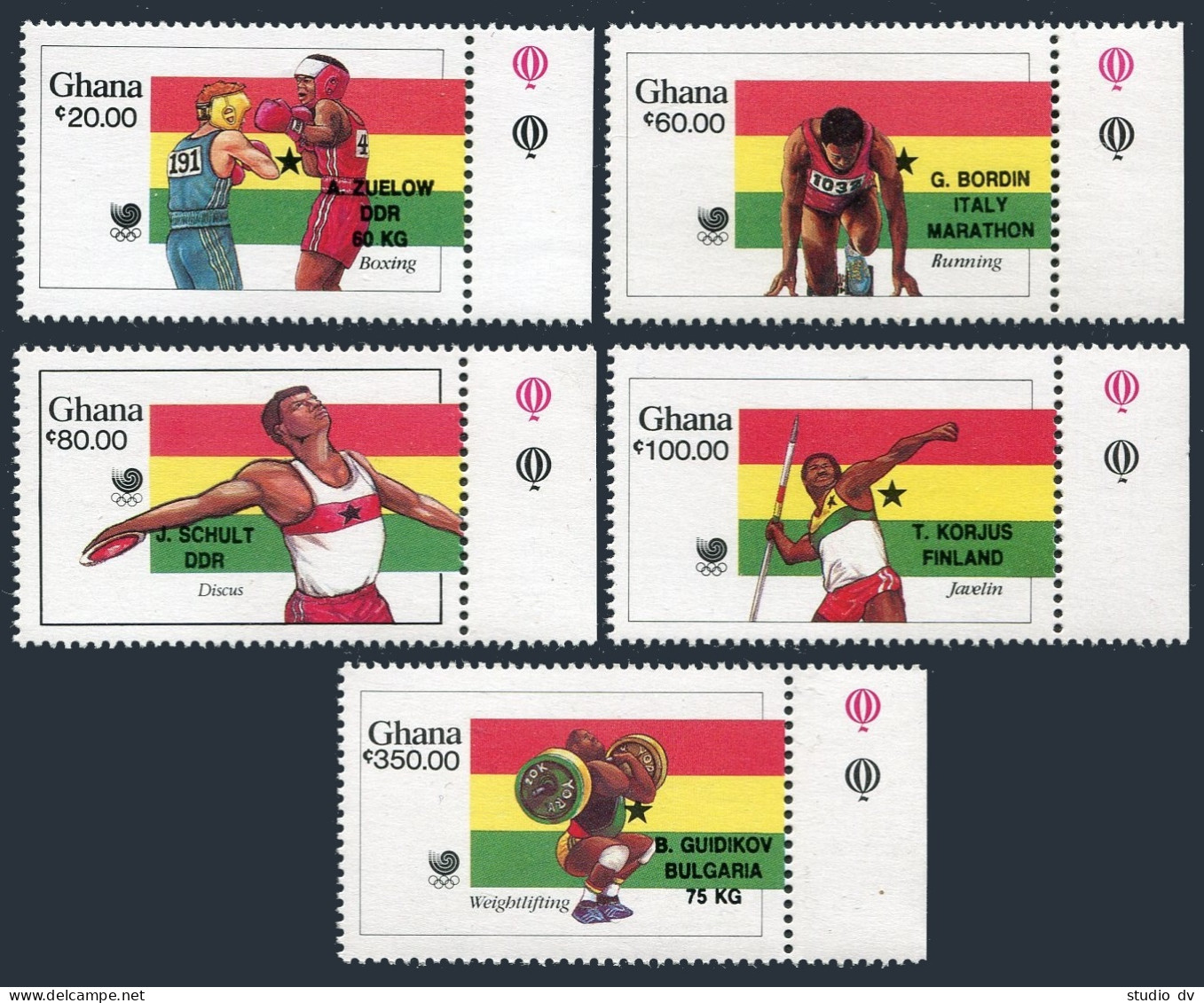 Ghana 1084-1088, 1089, MNH. Mi 1231-1235, Bl.134. Olympics Seoul-1988. Winners. - Precancels