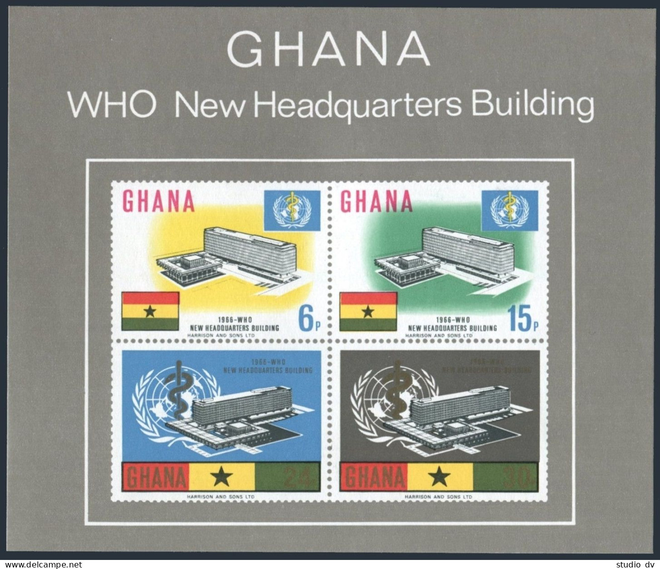 Ghana 250a Sheet,mint Glued On Bottom.Michel Bl.20. New WHO Headquarters,1966. - Préoblitérés