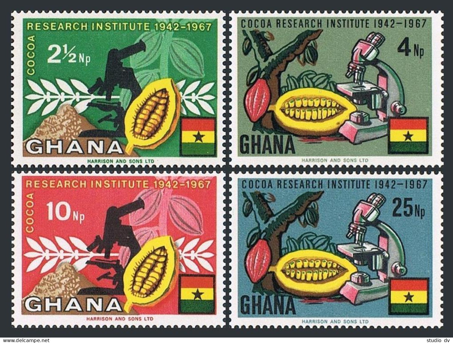 Ghana 323-326,326a Sheet,MNH.Mi 334-337. Cocoa Production,1968.Beans.Microscope. - Precancels