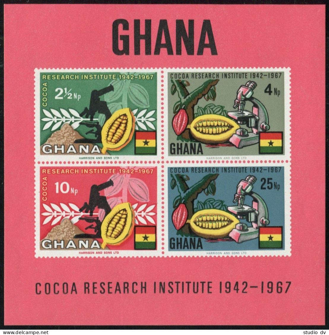 Ghana 323-326,326a Sheet,MNH.Mi 334-337. Cocoa Production,1968.Beans.Microscope. - Préoblitérés