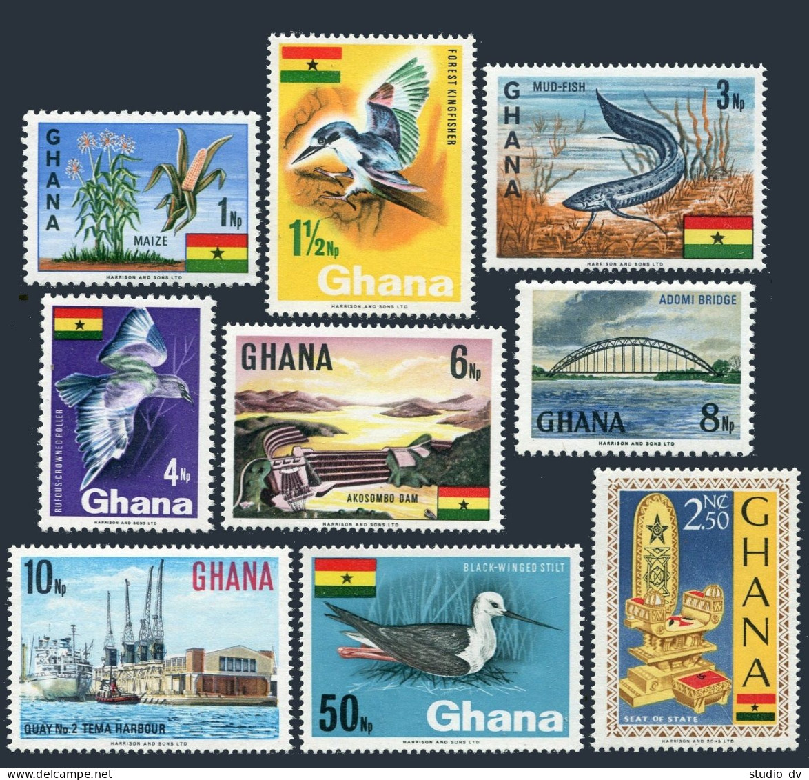 Ghana 286-300, MNH. Mi 297-305. Kingfisher, Golden Mace, Fish, Chameleon. 1967. - Preobliterati