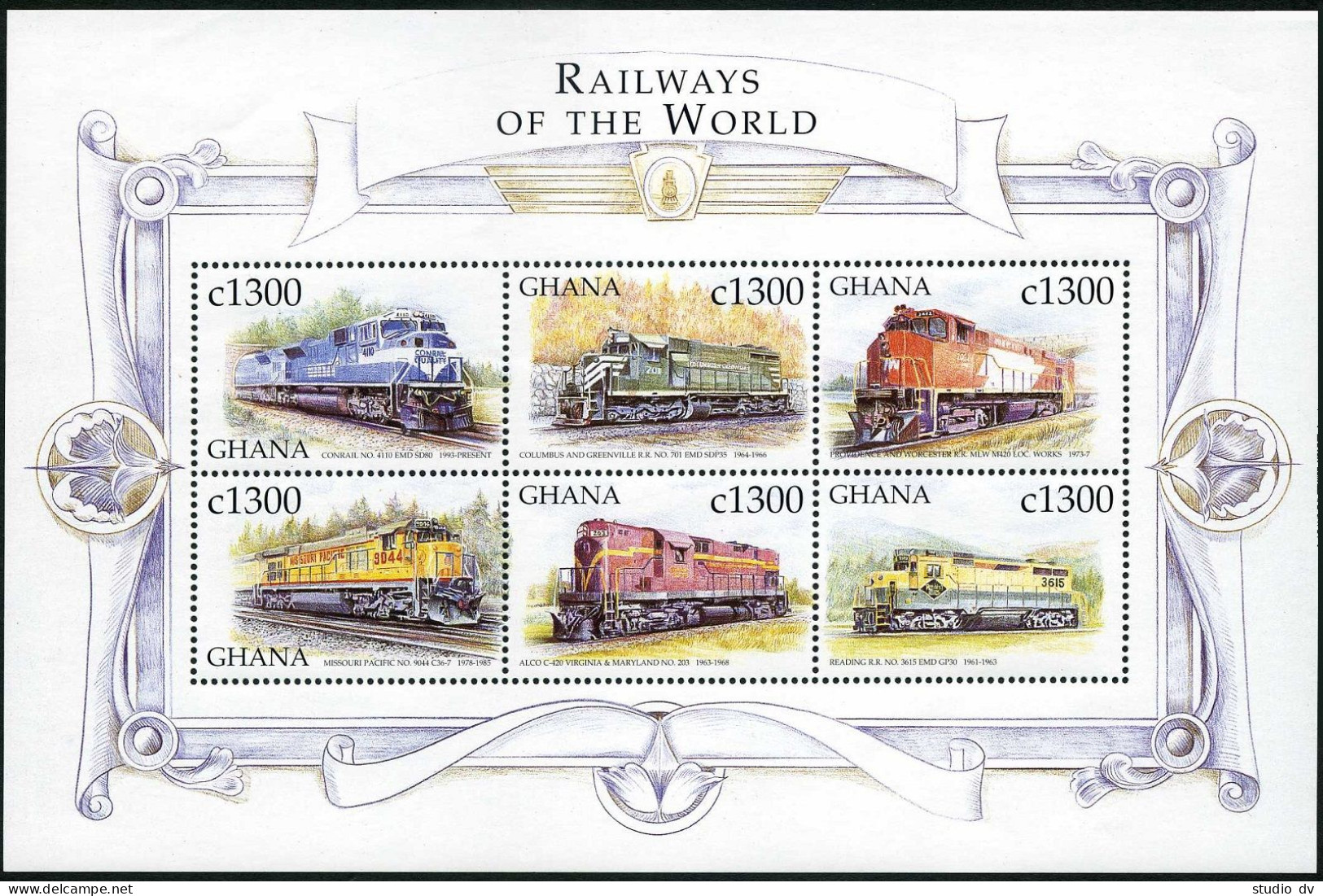 Ghana 2105-2108, 2110 Af Sheet,MNH. Railways Of The World,1999.Trains.  - Préoblitérés