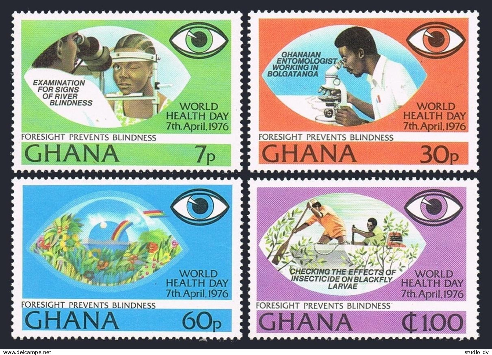 Ghana 592-595, MNH. Mi 658-661. World Health Day, 1976. Blindness, Entomologist, - VorausGebrauchte