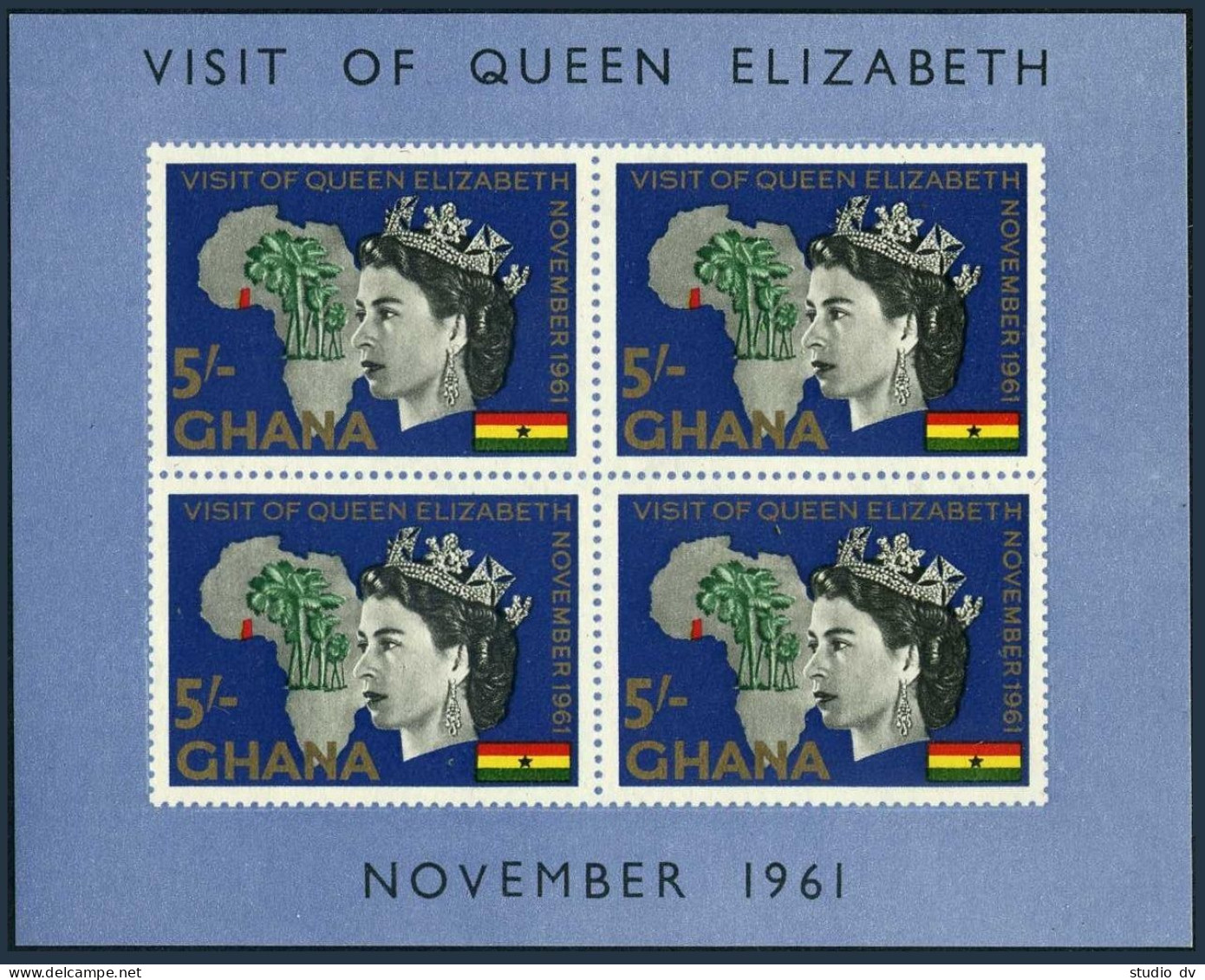 Ghana 109a Sheet, MNH. Michel Bl.6. Queen Elizabeth II, Visit 1961. Map, Palm. - Préoblitérés