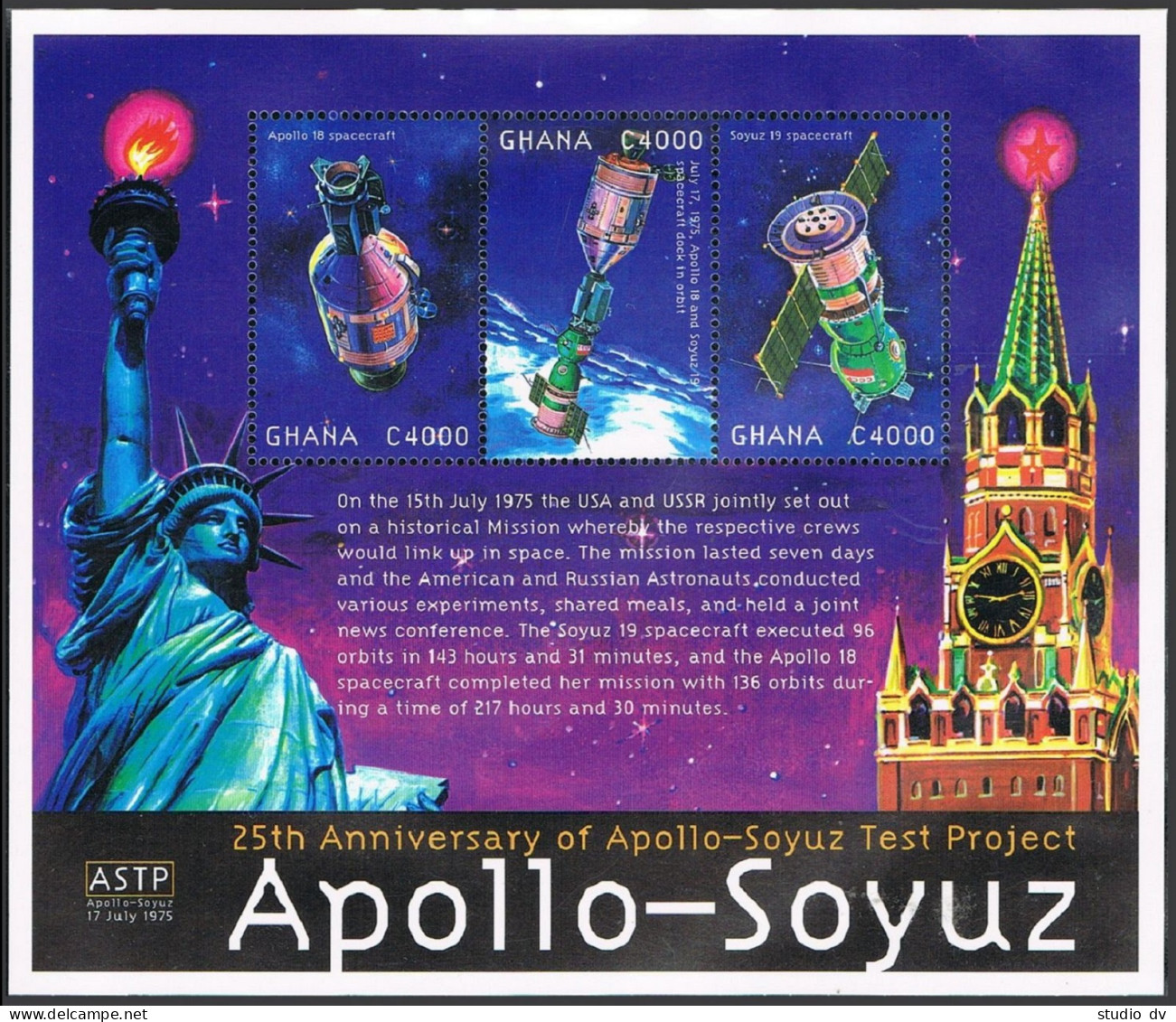 Ghana 2188 Ac,2189 Sheets,MNH. Apollo-Soyuz Mission, 25th Ann. 2000. - Préoblitérés