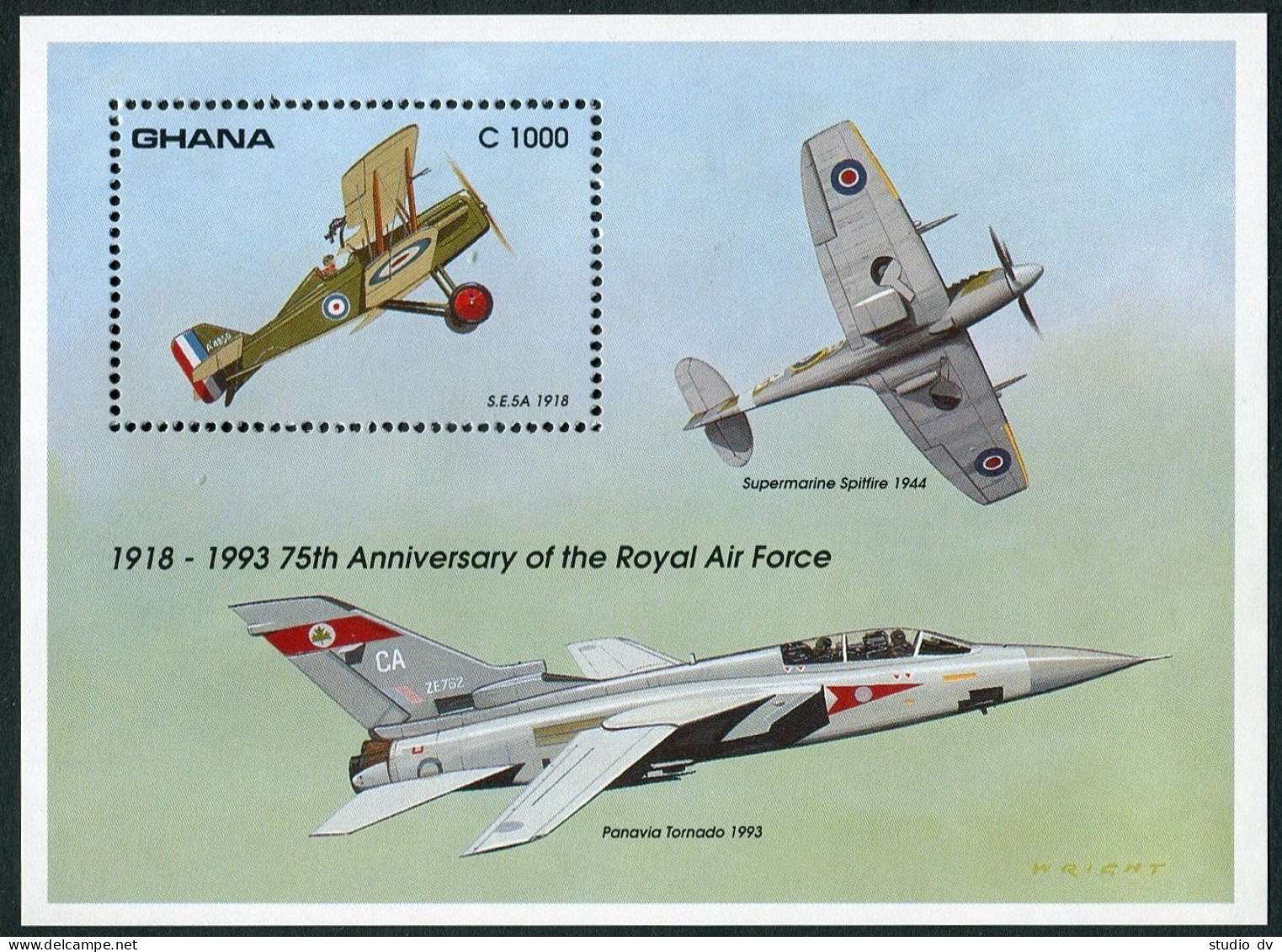 Ghana 1565,MNH.Mi 1831 Bl.224. Aviation,1993. S.E.5A 1918, Supermarine Spitfire. - Préoblitérés