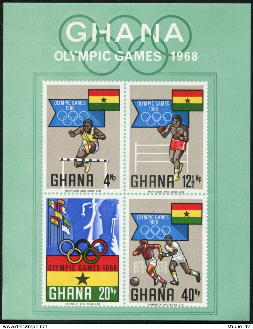 Ghana 343a Sheet, MNH. Mi Bl.33. Olympics Mexico-1968. Hurdling, Boxing, Soccer, - Préoblitérés
