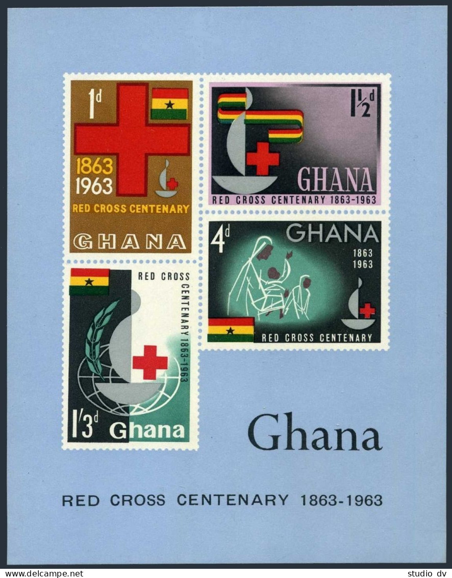 Ghana 139-142,142a Sheet,hinged.Mi 145-148,Bl.8. Red Cross Centenary,1963.Globe. - Precancels