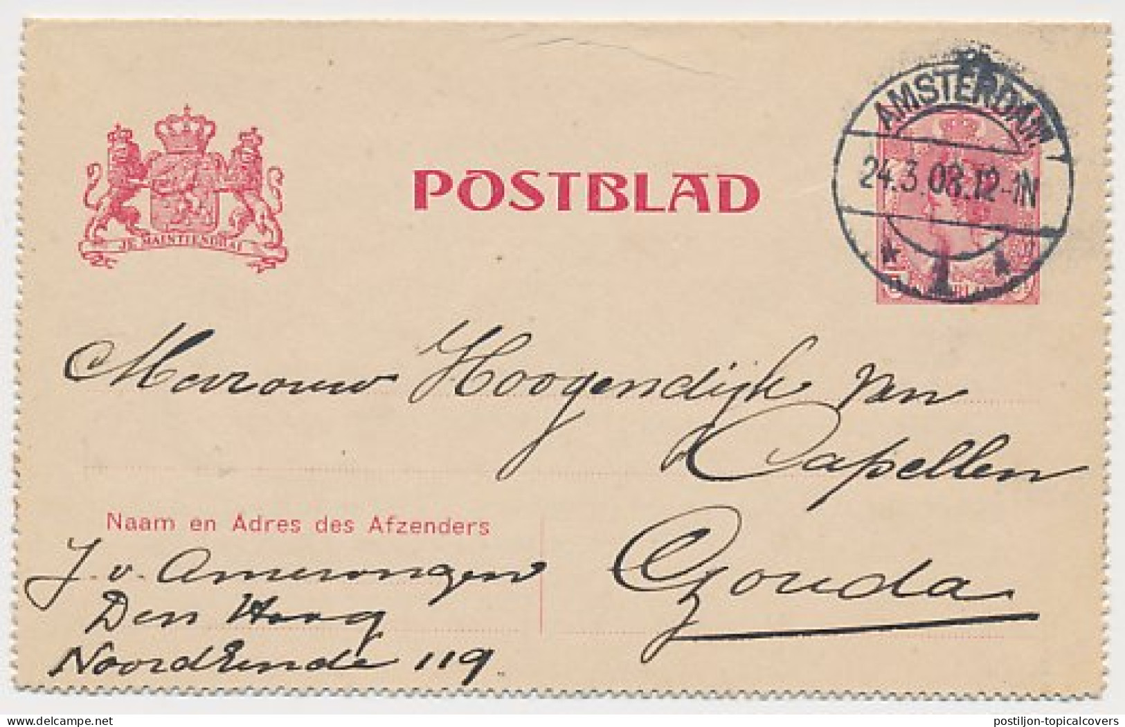 Postblad G. 12 Amsterdam - Gouda 1908 - Entiers Postaux