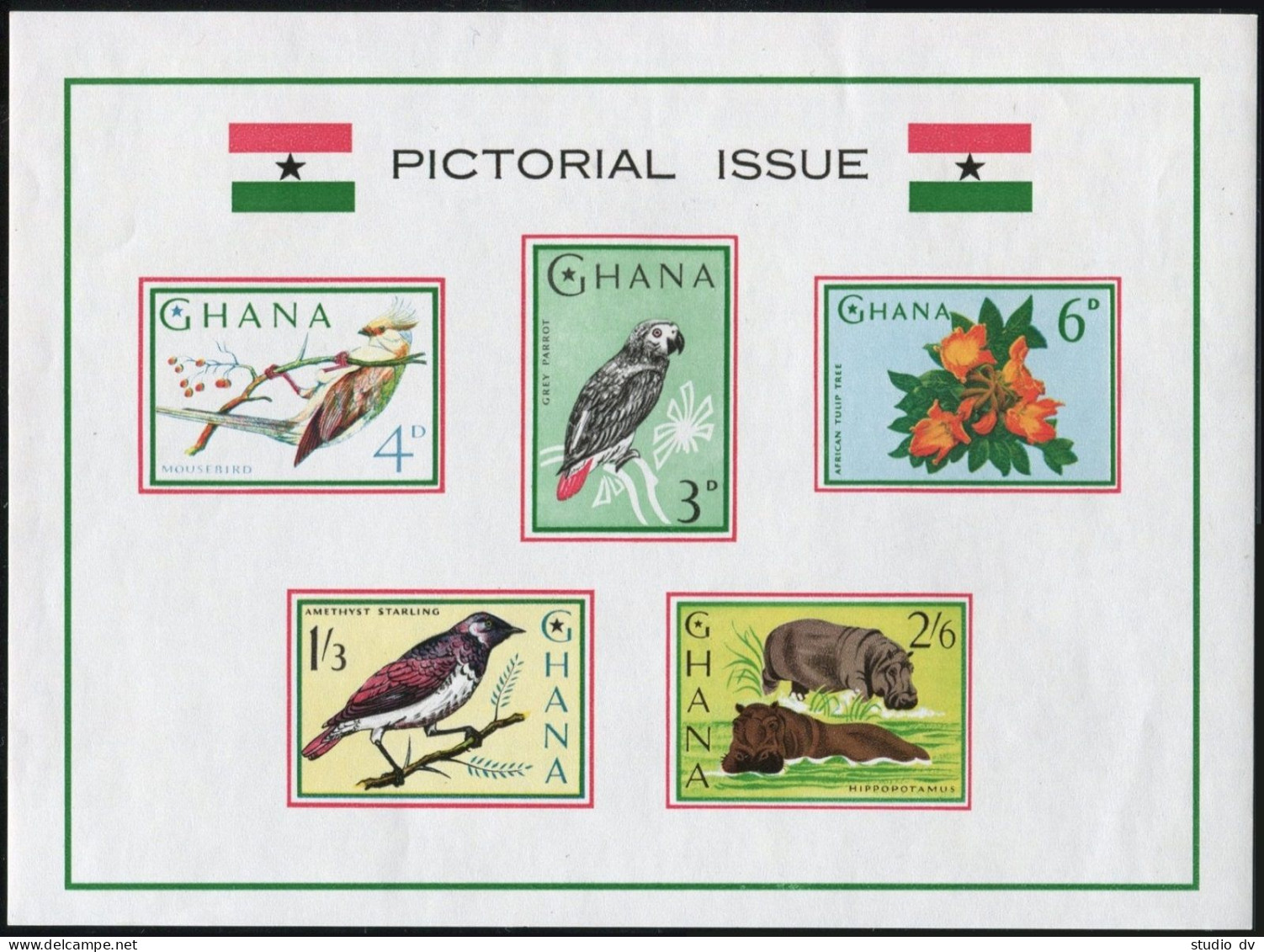 Ghana 194a,199a,lightly Hinged. Fauna 1964.Secretary Bird,Elephant,Parrot,Tree - Prematasellado