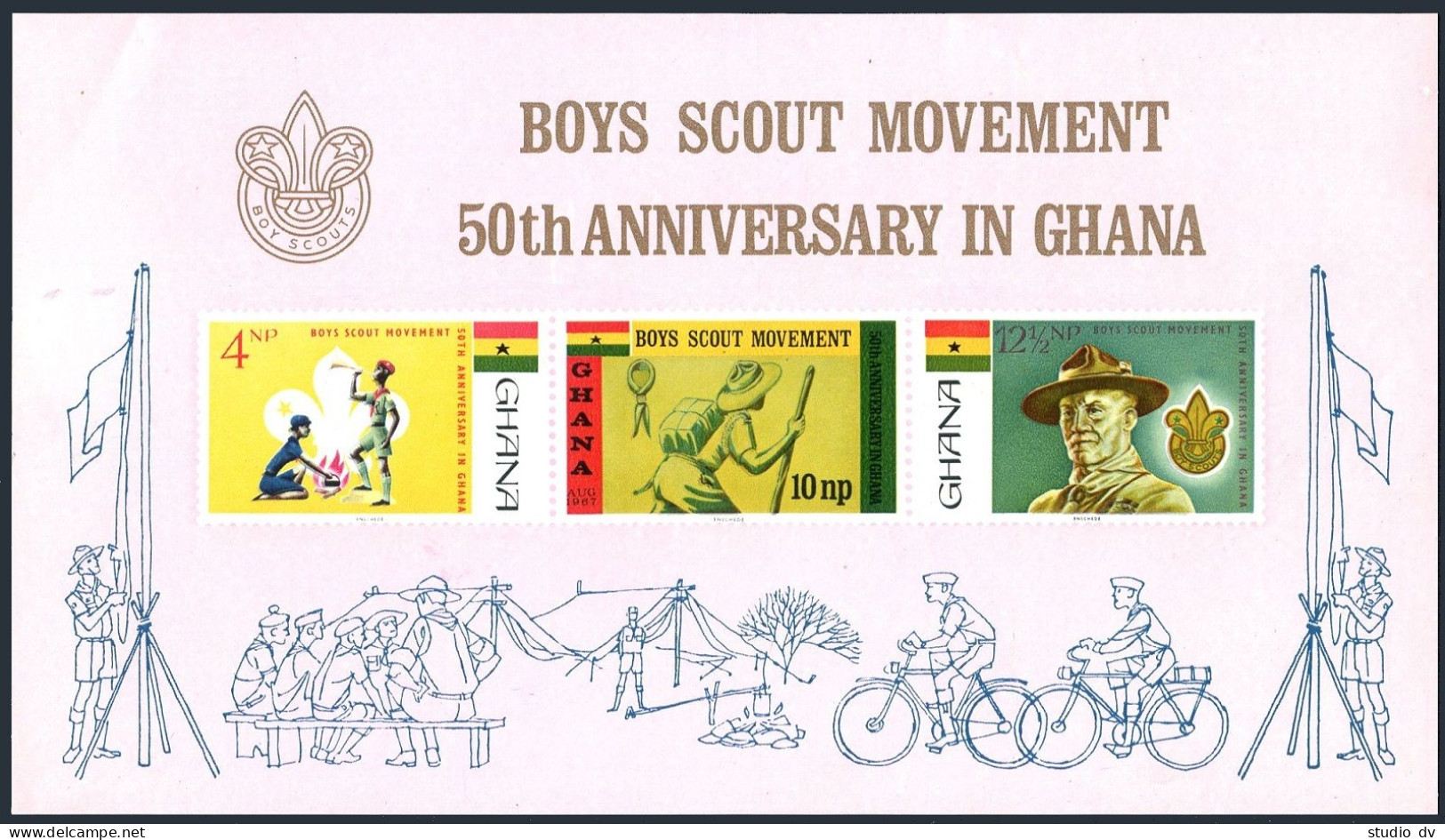 Ghana 308-310,310a, MNH. Mi 319-321,Bl.27. Boy Scouts 1967. Lord Baden-Powell. - Preobliterati