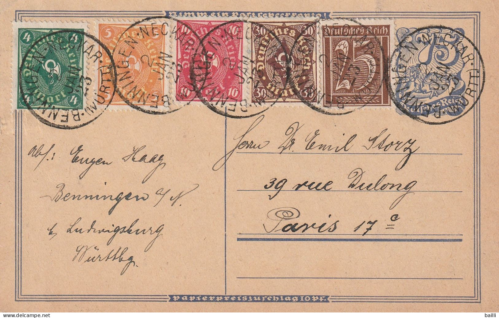Allemagne Entier Postal Inflation Benningen 1923 - Postcards