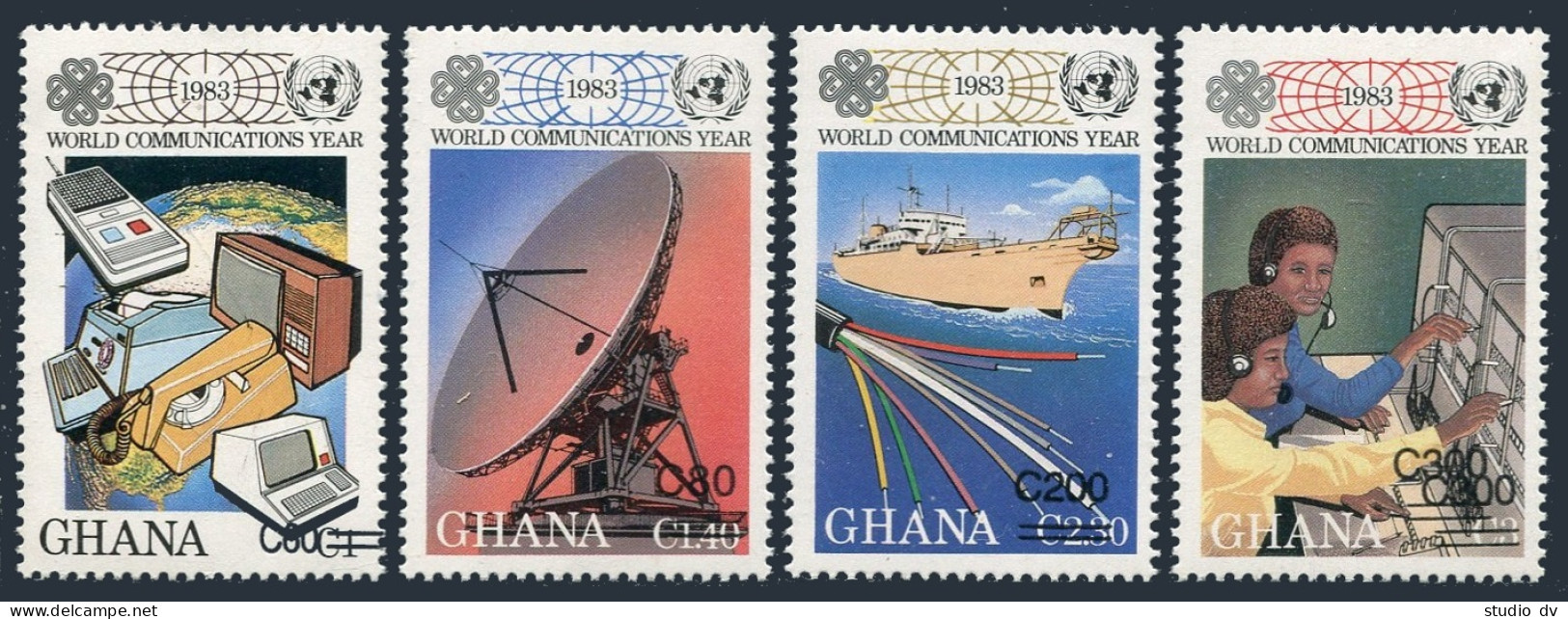 Ghana 1107-1110,1111,MNH. World Communication Year 1983.Dish Antenna,Cable Ship, - Preobliterati