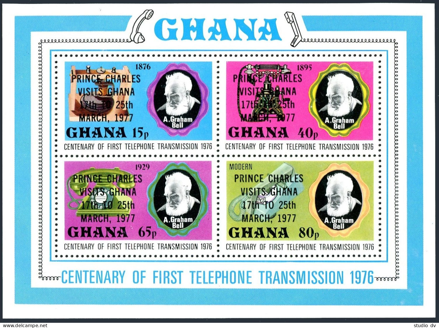 Ghana 620 Ad Sheet,MNH.Michel Bl.70. Visit Of Prince Charles,1977.Alexander Bell - Préoblitérés