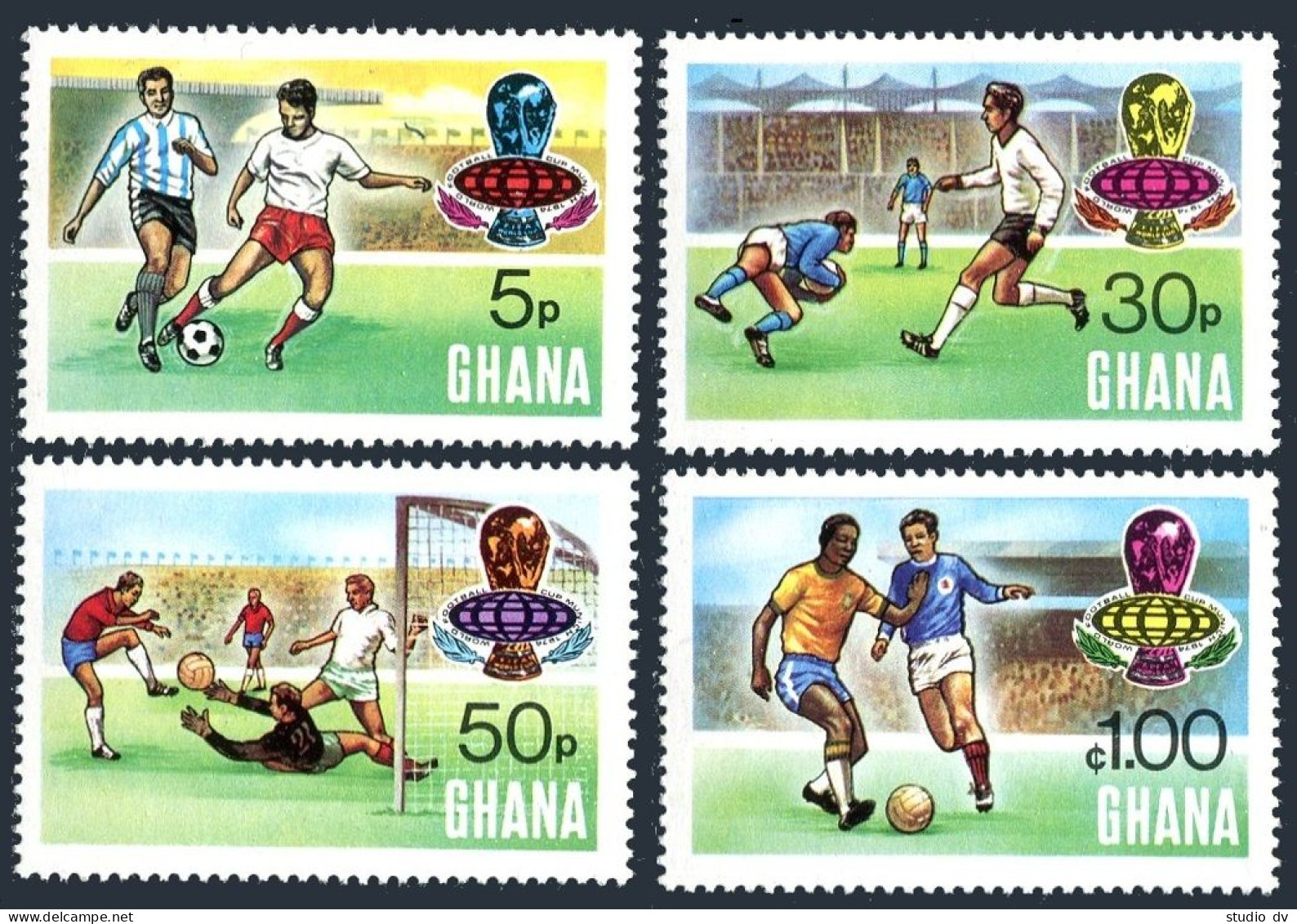 Ghana 525-528, 529, MNH. Michel 564A-567A, Bl.57A. World Soccer Cup Munich-1974. - VorausGebrauchte