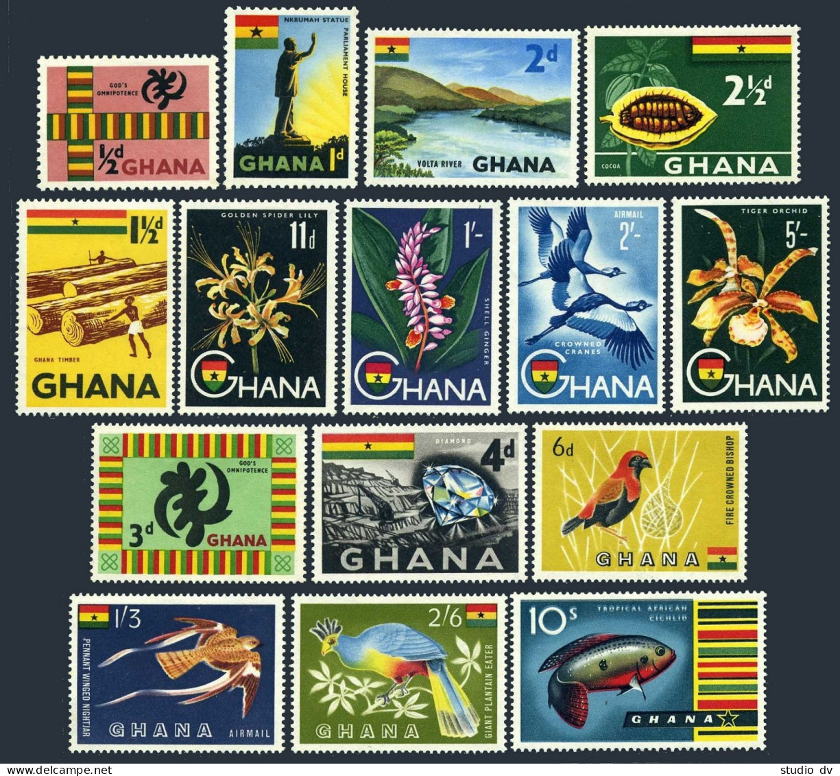 Ghana 48-60,C1-C2,lightly Hinged. 1959. Cocoa,Diamond,Bishop,Lily,Orchid,Cranes, - VorausGebrauchte