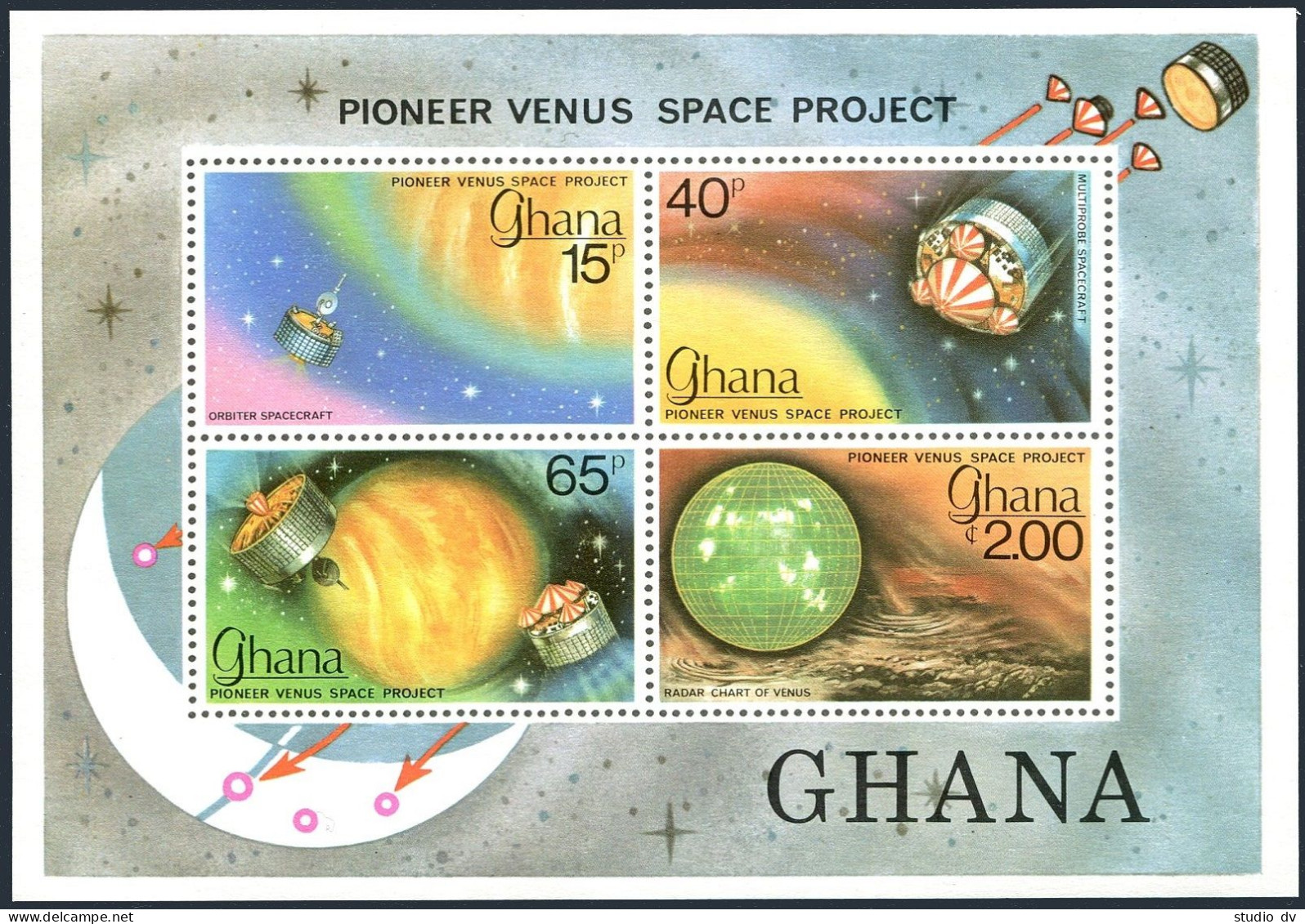 Ghana 682-685, 686, MNH. Mi 787-790,Bl.79. Pioneer Venus Space Project, 1979. - Preobliterati