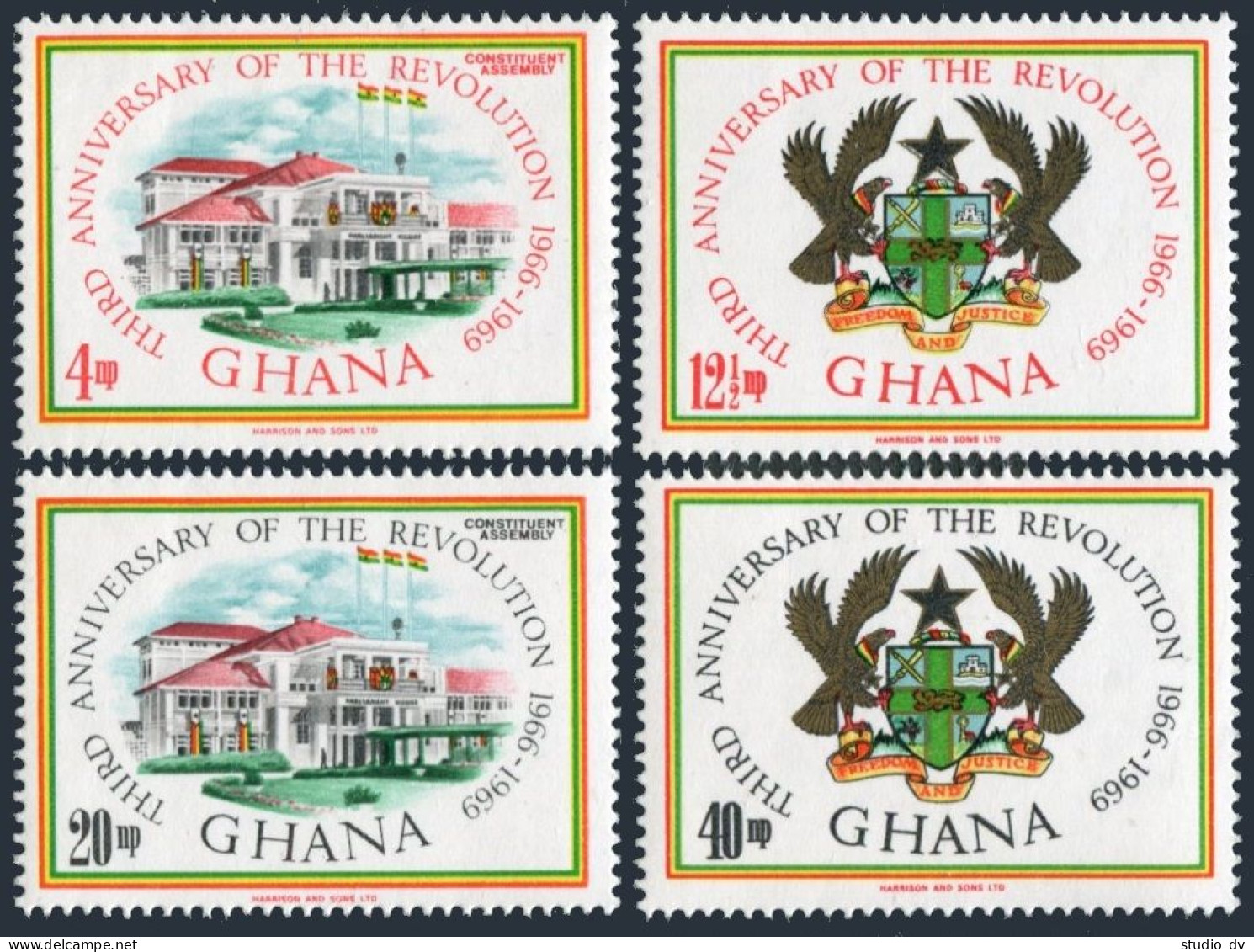 Ghana 352-355,355a, MNH. Mi 363-366,Bl.36. Revolution, 3rd Ann.1969. Arms-Eagle. - Prematasellado