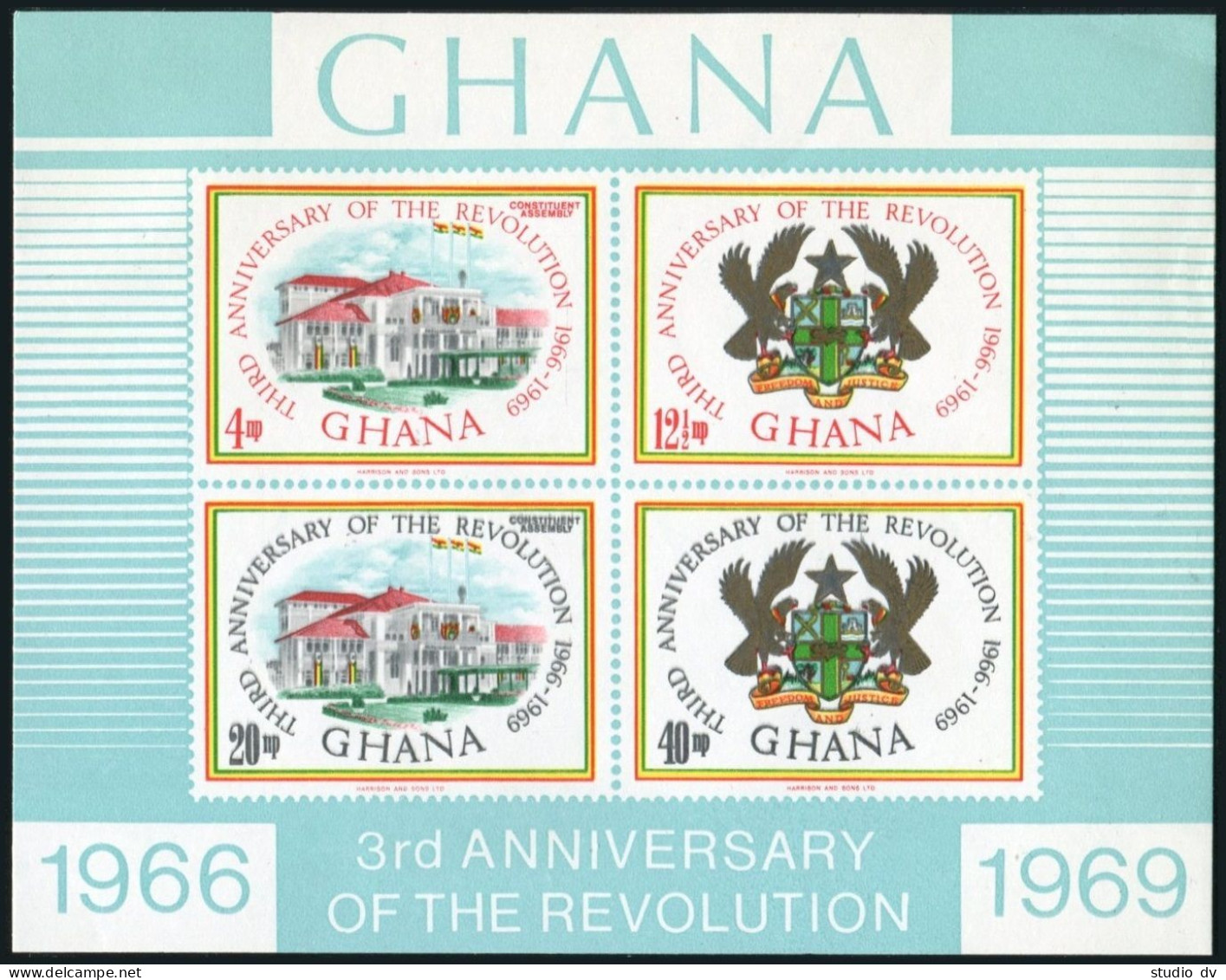 Ghana 352-355,355a, MNH. Mi 363-366,Bl.36. Revolution, 3rd Ann.1969. Arms-Eagle. - Prematasellado