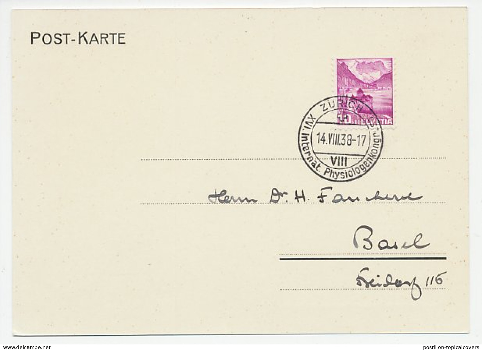 Card / Postmark Switzerland 1938 International Physiologist Congress - Autres & Non Classés