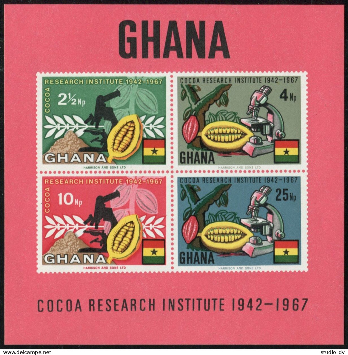 Ghana 323-326 Pair/label,326a Sheet,MNH. Cocoa Production,1968.Beans.Microscope. - Precancels