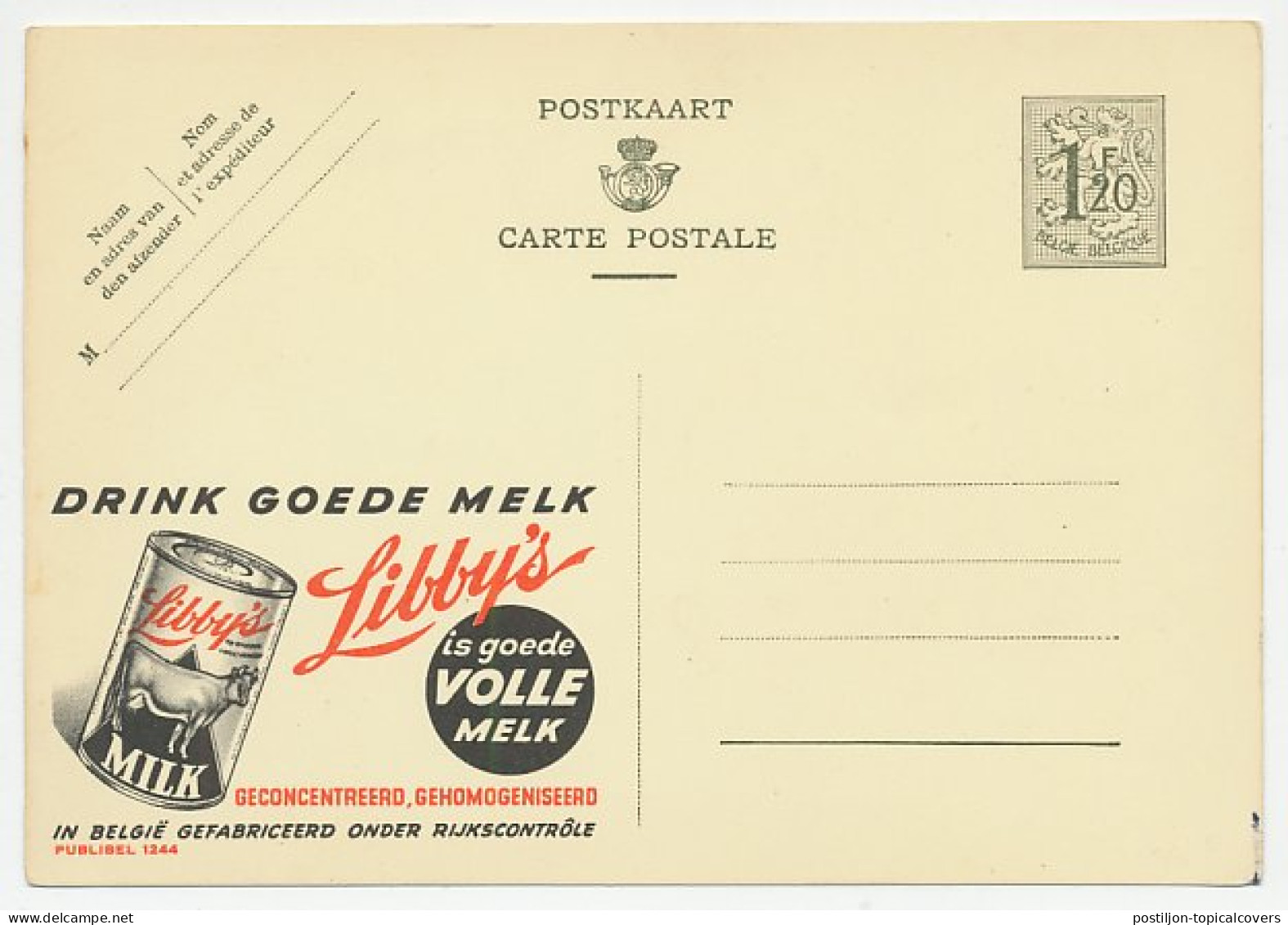 Publibel - Postal Stationery Belgium 1952 Milk - Cow - Levensmiddelen