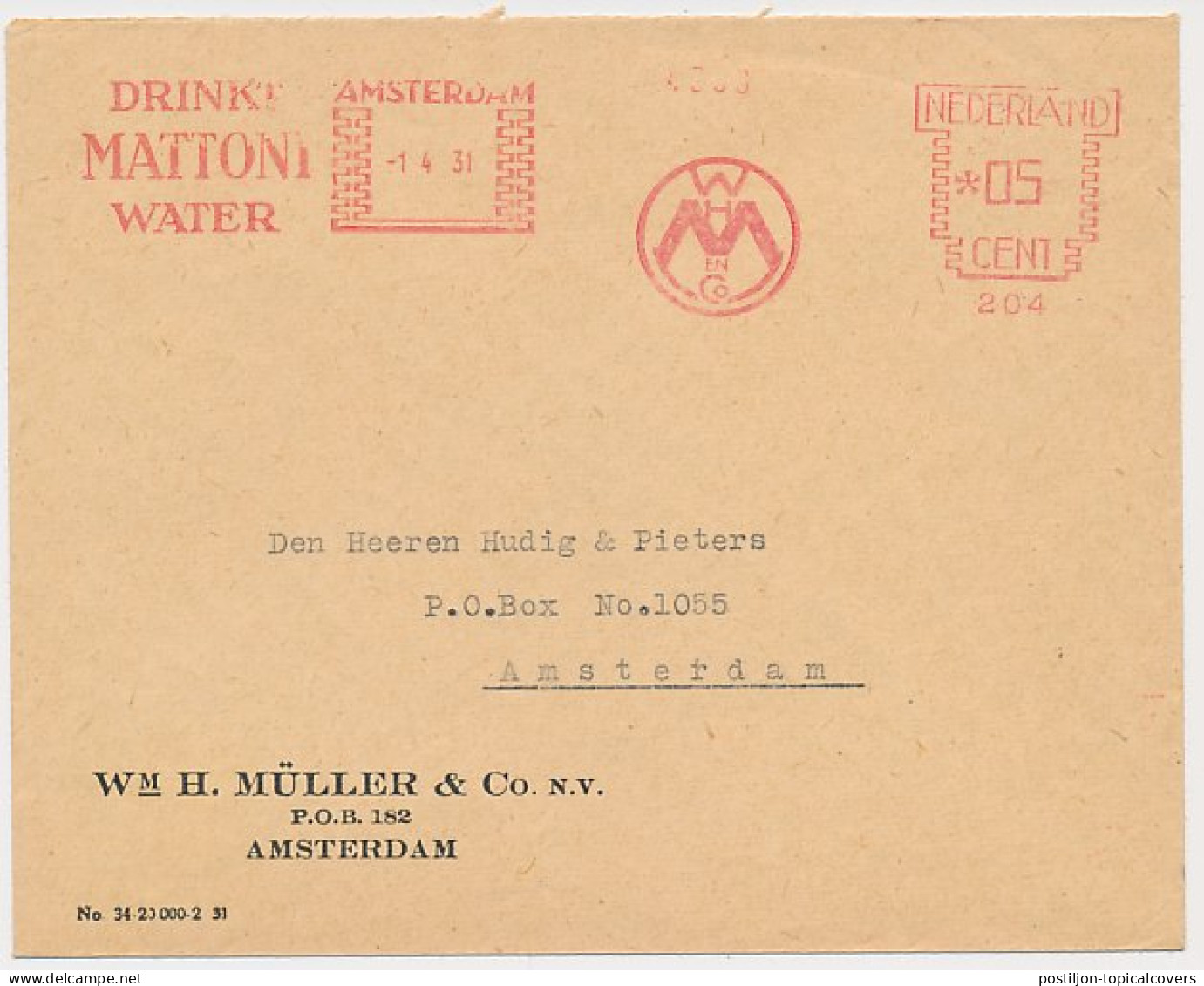 Meter Cover Netherlands 1931 Drinks Mattoni Water - Amsterdam - Non Classés