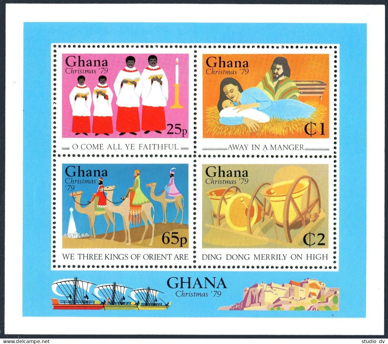 Ghana 692-697,698 Ad Sheet, MNH. Michel 795-800, Bl.80. Christmas 1979. Carols. - Prematasellado