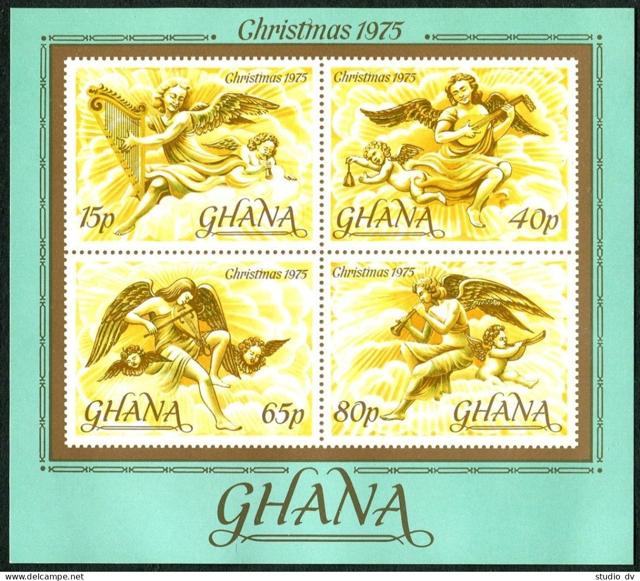 Ghana 559-563,564 Ad Sheet ,MNH. Mi 621-625, Bl.63. Christmas 1975, Angels, Horn - Preobliterati