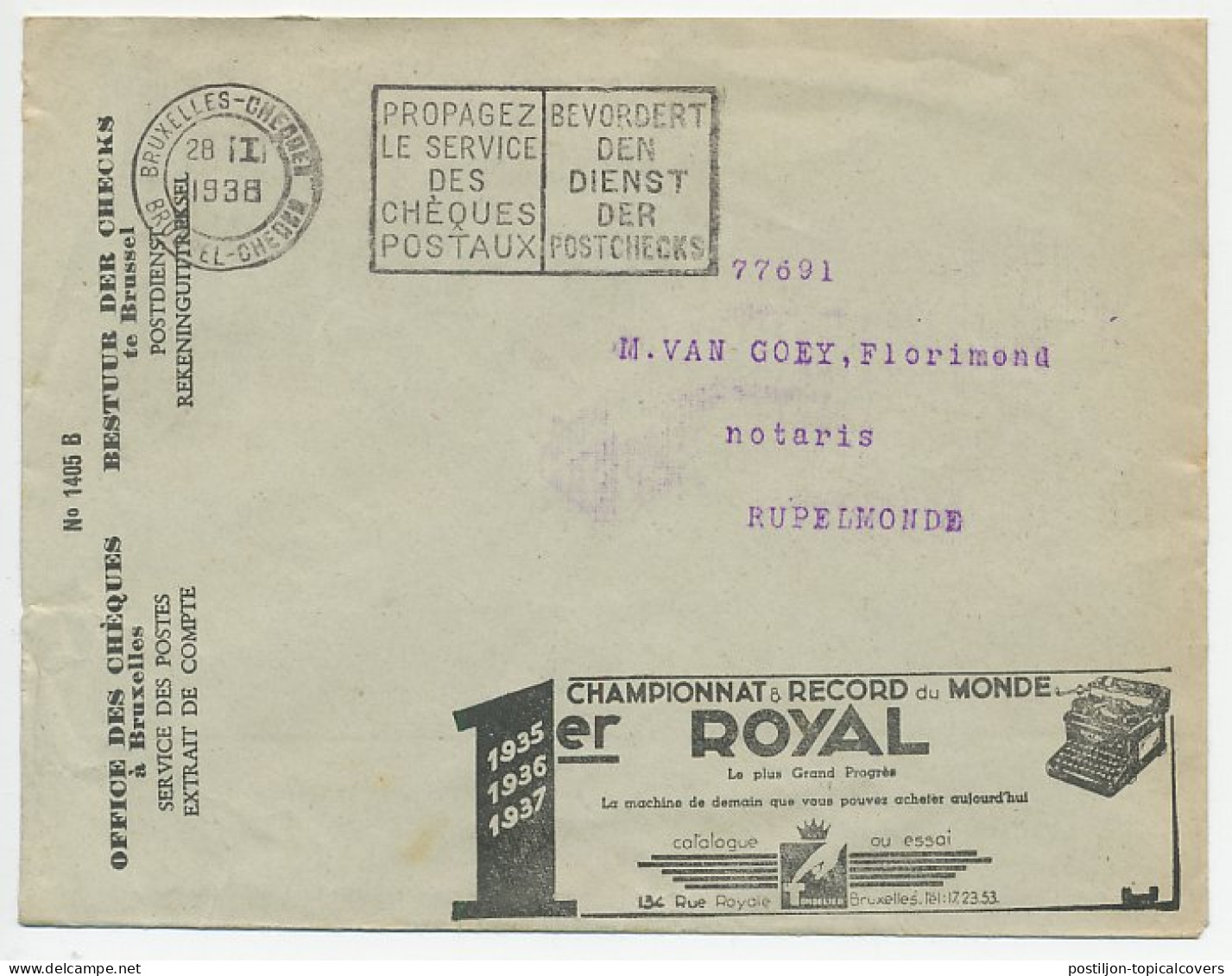 Postal Cheque Cover Belgium 1938 Typewriter - Royal - Leather - Soles - Heels - Shoes - Unclassified