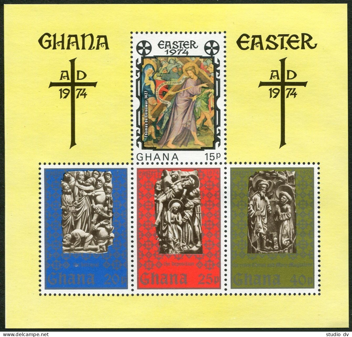 Ghana 516-519,520 Ad Sheet, MNH.Mi 540-543, Bl.54. Easter. Thomas De Coloswar. - Precancels