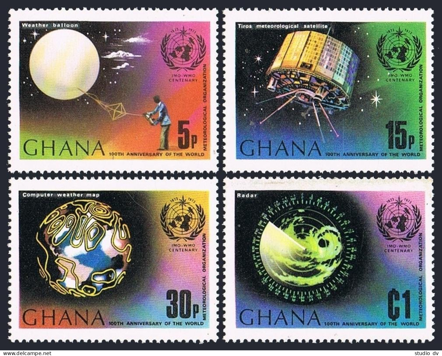 Ghana 503-506,507,MNH.Mi 520-523,Bl.51.WMO-100,1973.Space Research,Satellite,Map - Préoblitérés