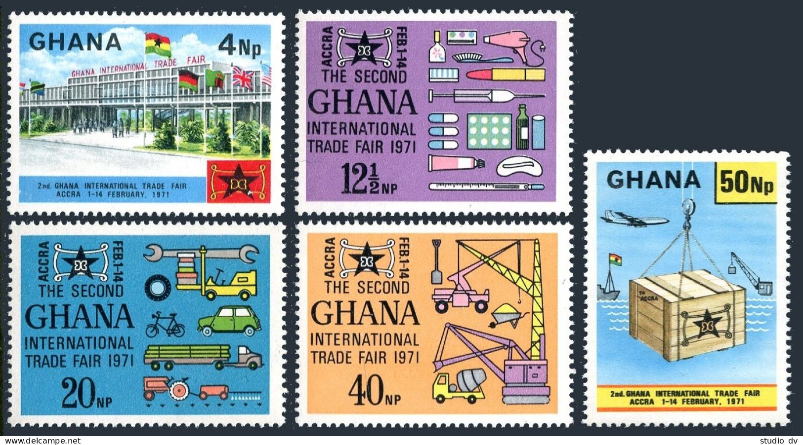 Ghana 410-414, MNH. Mi 423-427. International Trade Fair, 1971. Transport,flags. - Precancels