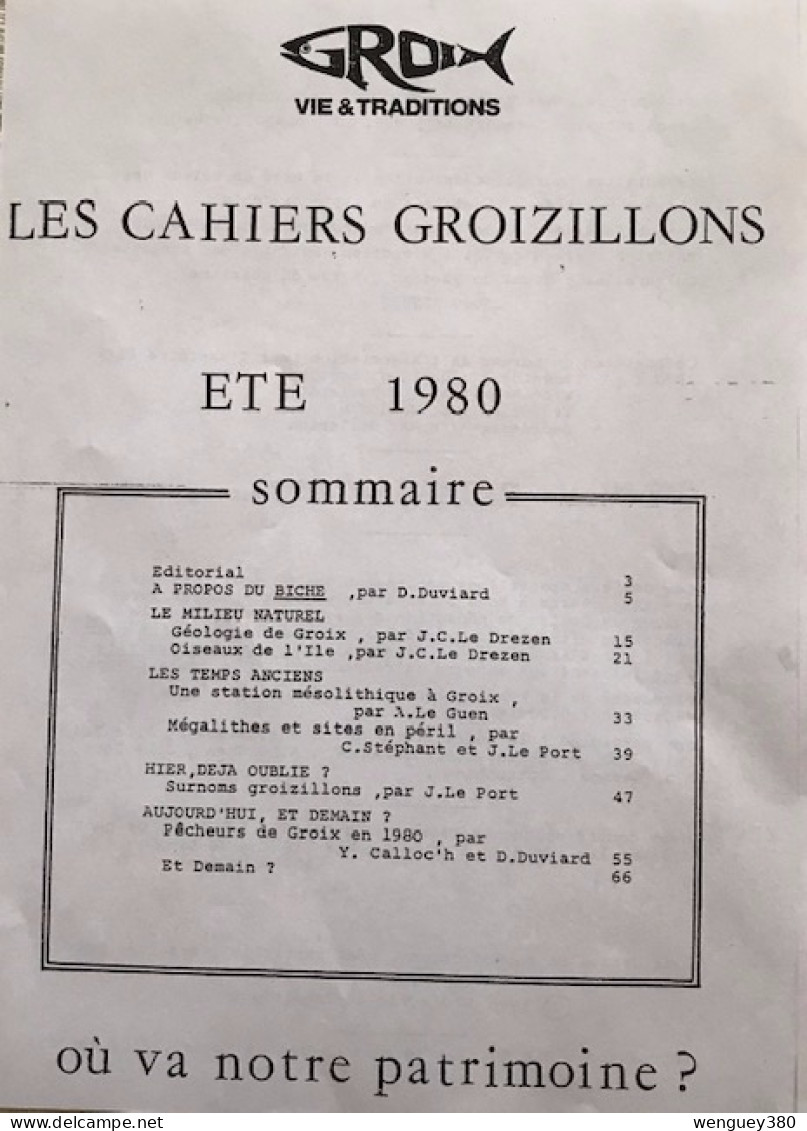 56 GROIX   LES CAHIERS GROIZILLONS  No1   ETE 1980 . 66 Pages   TB TIRAGE DOCUMENT  D'ORIGINE     Voir Description - Historical Documents