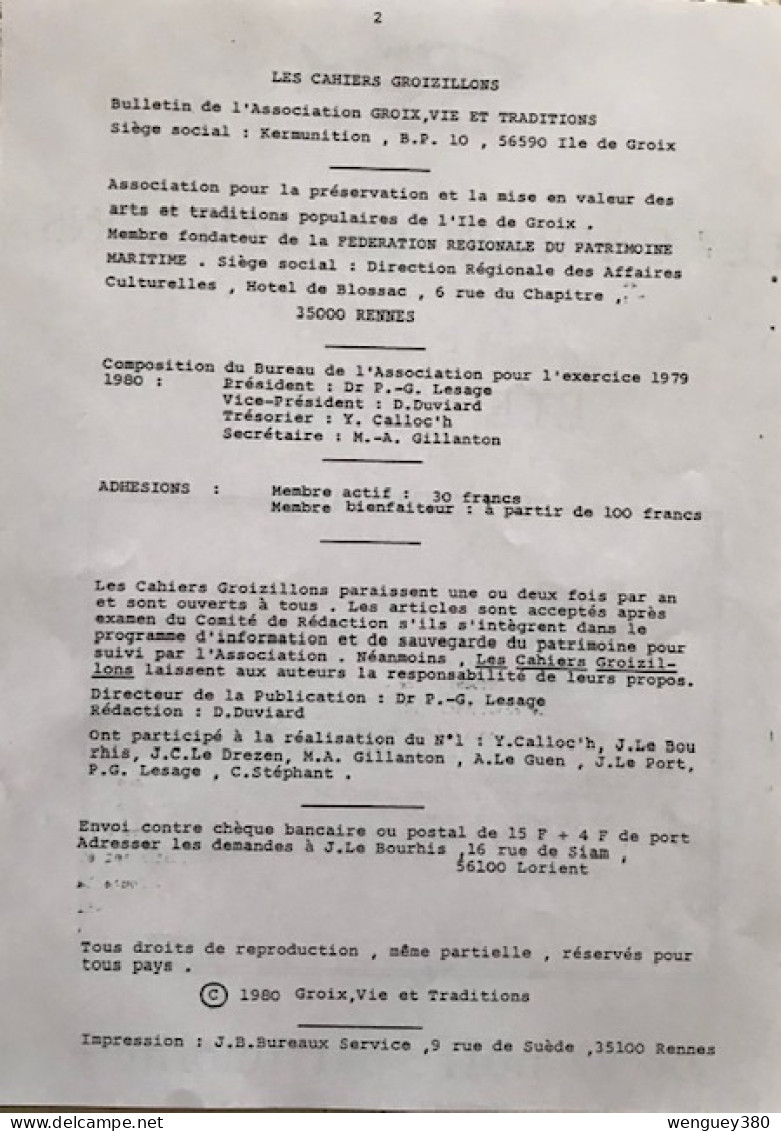 56 GROIX   LES CAHIERS GROIZILLONS  No1   ETE 1980 . 66 Pages   TB TIRAGE DOCUMENT  D'ORIGINE     Voir Description - Historical Documents