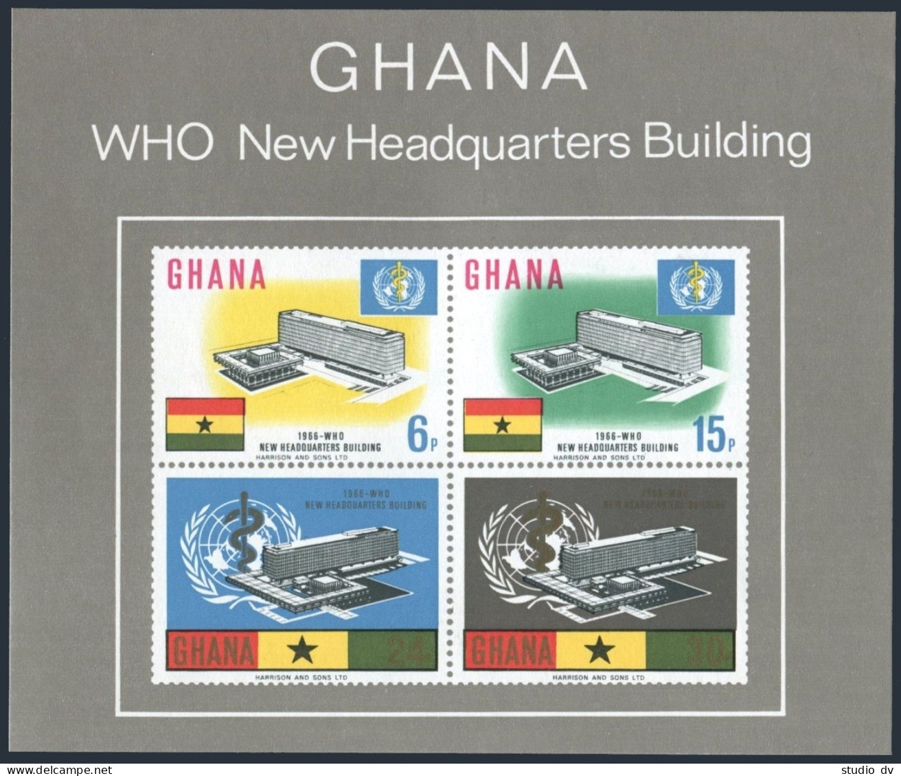 Ghana 247-250,250a Sheet, MNH. Michel 257-260, Bl.20. New WHO Headquarters, 1966 - Preobliterati