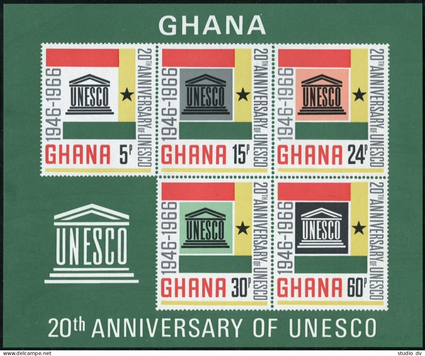 Ghana 264-268, 268a Sheet, MNH. Michel 274-278, Bl.23. UNESCO, 20th Ann. 1966. - Precancels