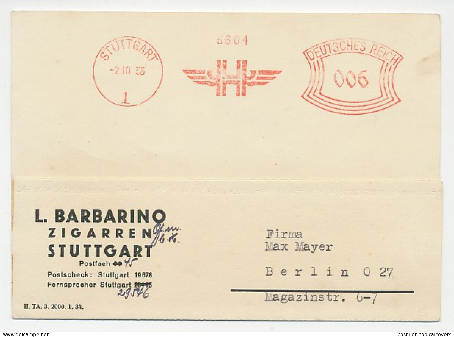 Meter Card Deutsches Reich / Germany 1935 Cigars - Barbarino - Tobacco