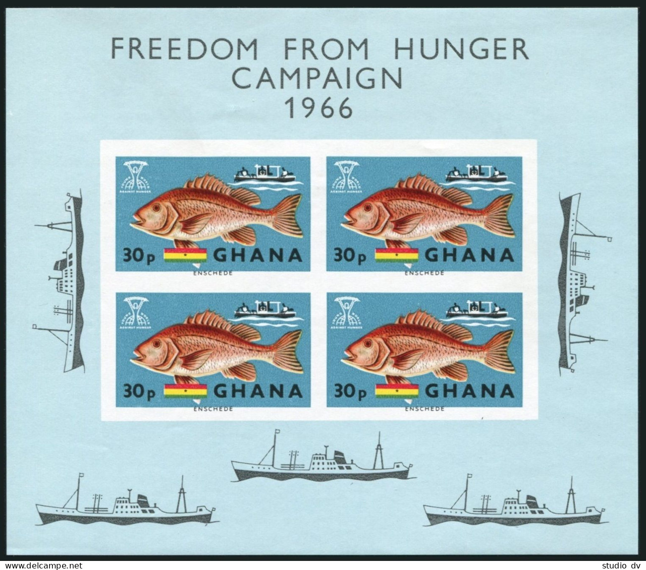 Ghana 254a Two Colors, MNH. Mi Bl.21. FAO 1966. Fishing, Canoe, Fish, Trawlers. - Préoblitérés