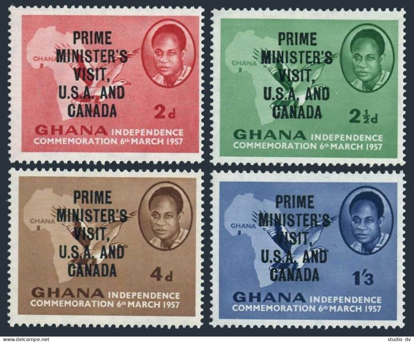 Ghana 28-31, MNH. Mi 32-35. Kwame Nkrumah Visit 1958. Bird Pulm-nut Vulture, Map - Precancels