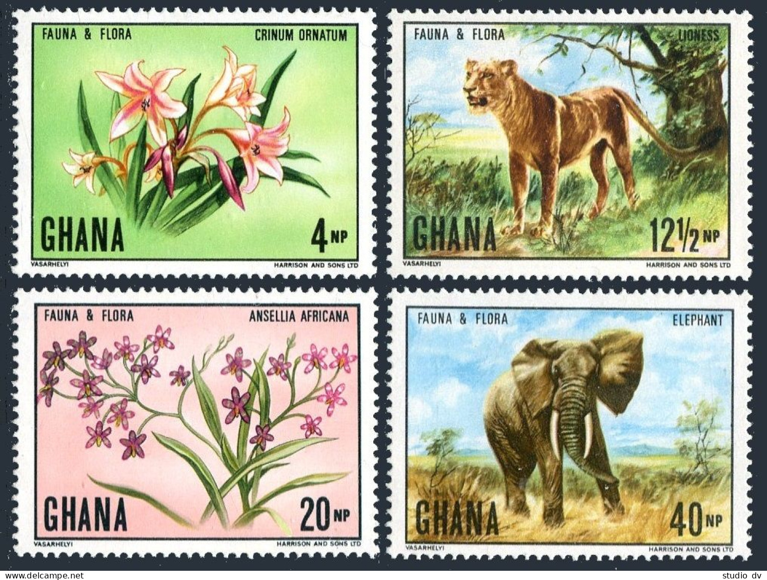 Ghana 402-405, MNH. Michel 413-416. Fauna 1970. Lioness, Elephant. Flora. - Precancels