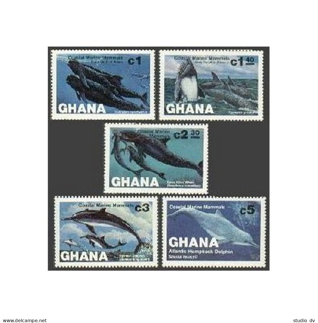 Ghana 841-845,846,MNH.Michel 977-981,Bl.100. Marine Mammals,1983.Whales,Dolphins - Precancels
