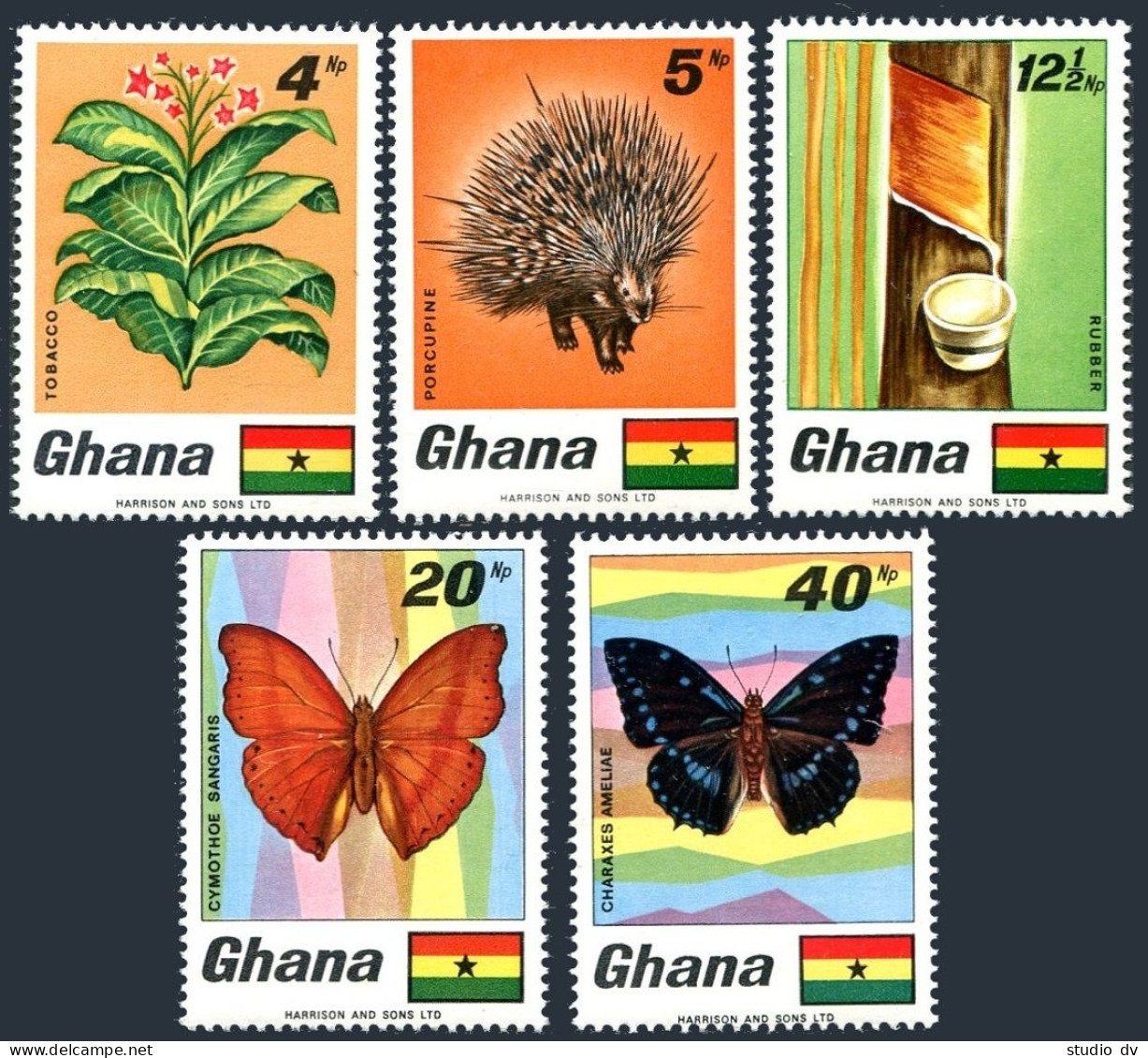 Ghana 331-335a,MNH. Mi 342-346,Bl.31. Rubber,Tobacco,Butterflies,Porcupine,1968. - Precancels