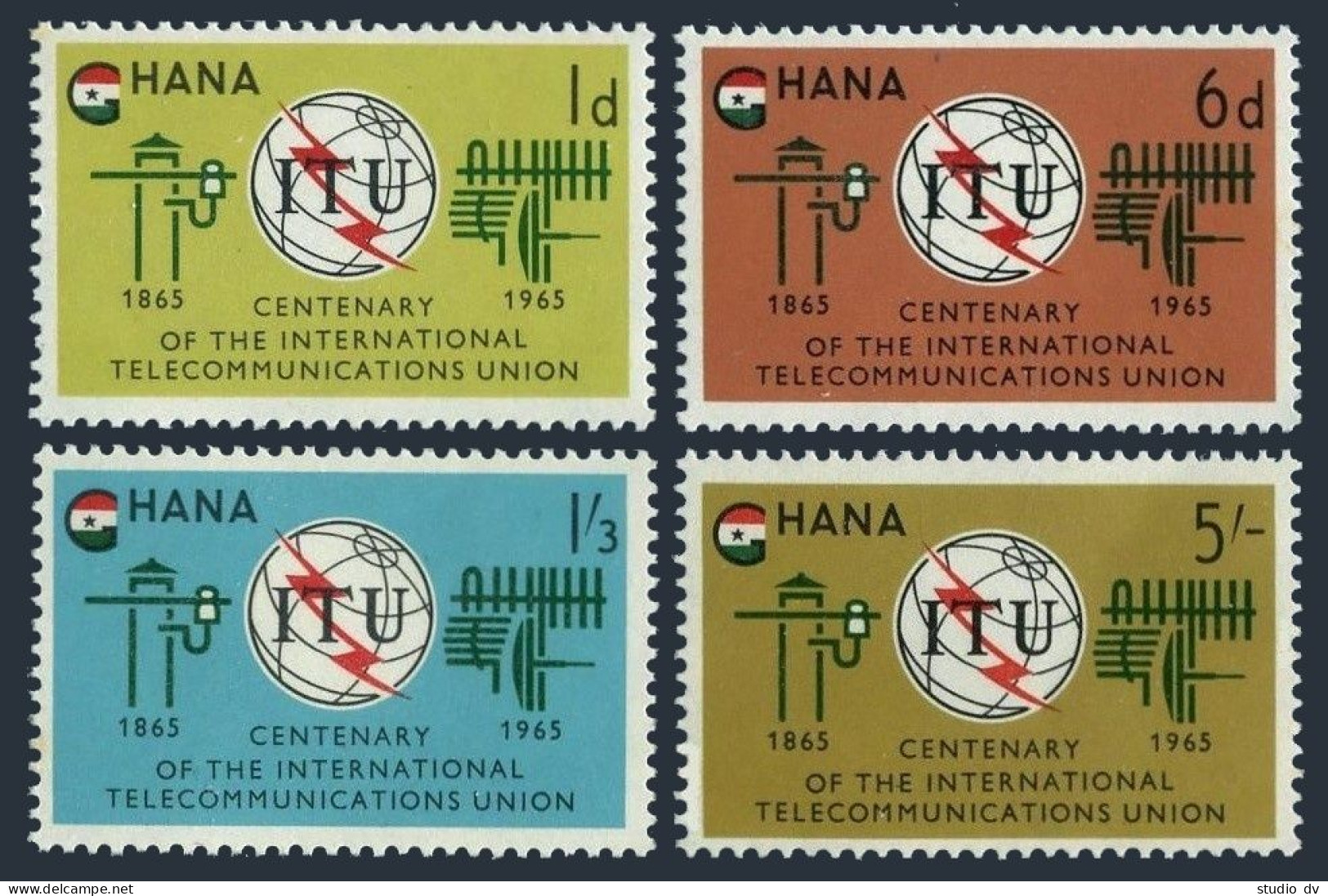 Ghana 204-207,207a Sheet, MNH. Michel 210-213, Bl.17. ITU-100, 1965.Emblem, Flag - Voorafgestempeld