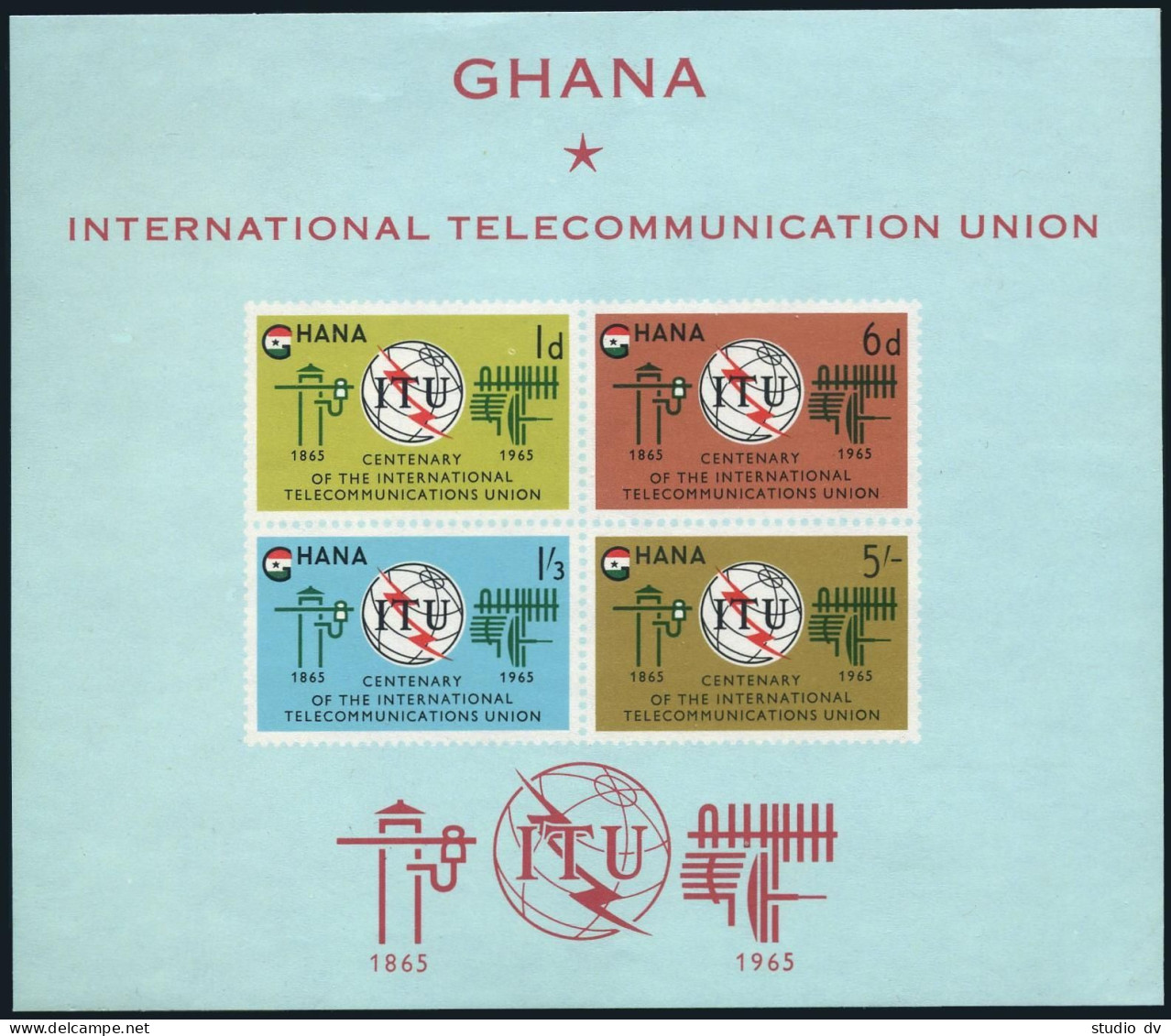 Ghana 204-207,207a Sheet, MNH. Michel 210-213, Bl.17. ITU-100, 1965.Emblem, Flag - Voorafgestempeld