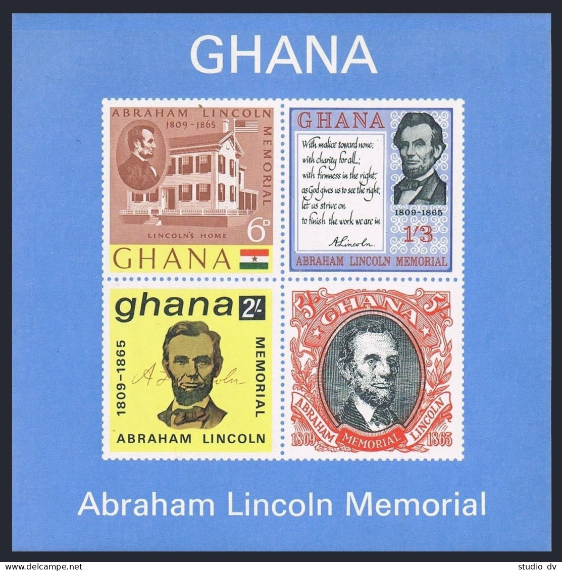 Ghana 208-211,211a Sheet, MNH. Michel 216-219, Bl.18. Abraham Lincoln, 1965. - Precancels